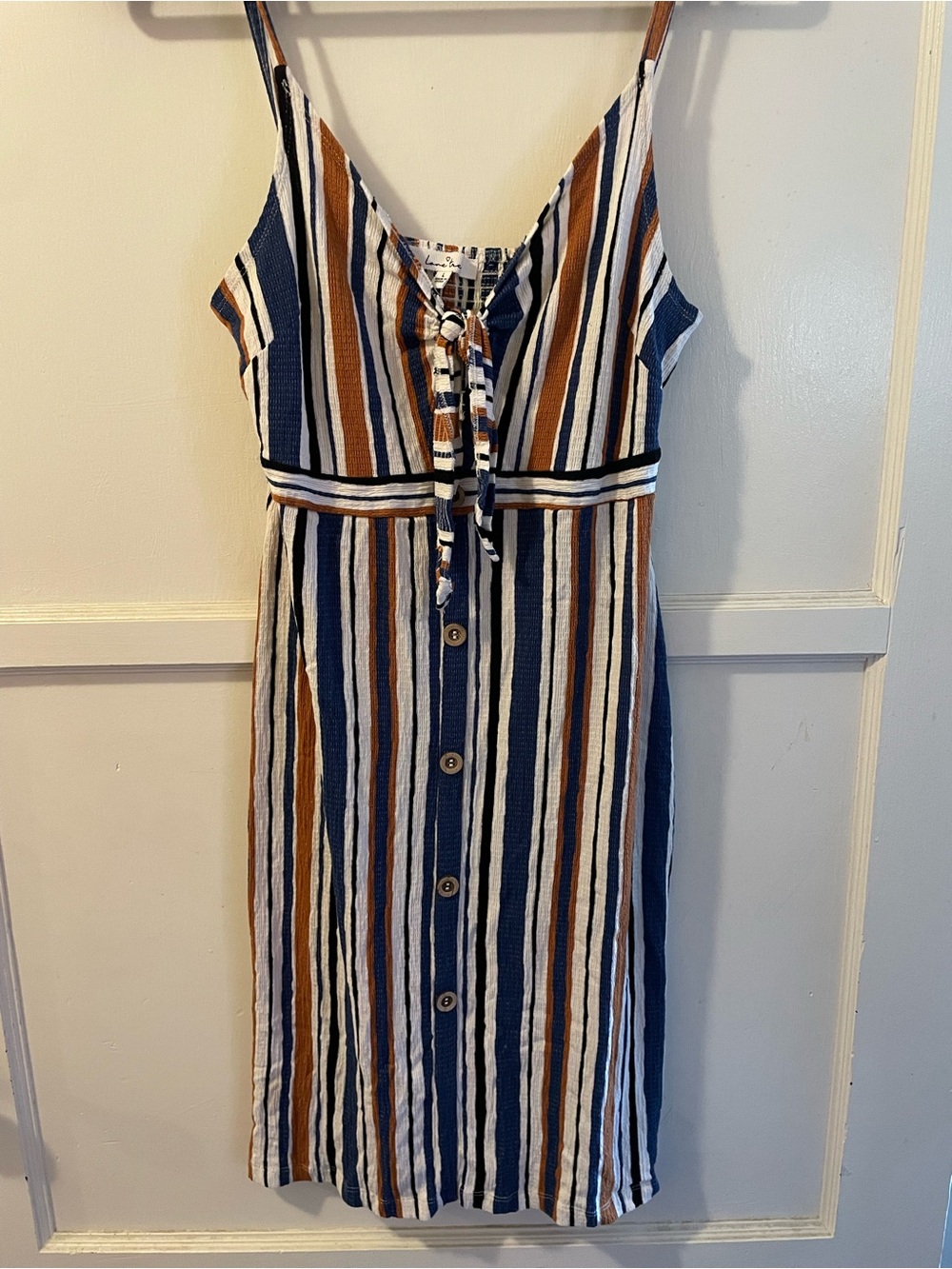 Love Tree Navy, White & Brown Striped Tie-Front Midi Dress